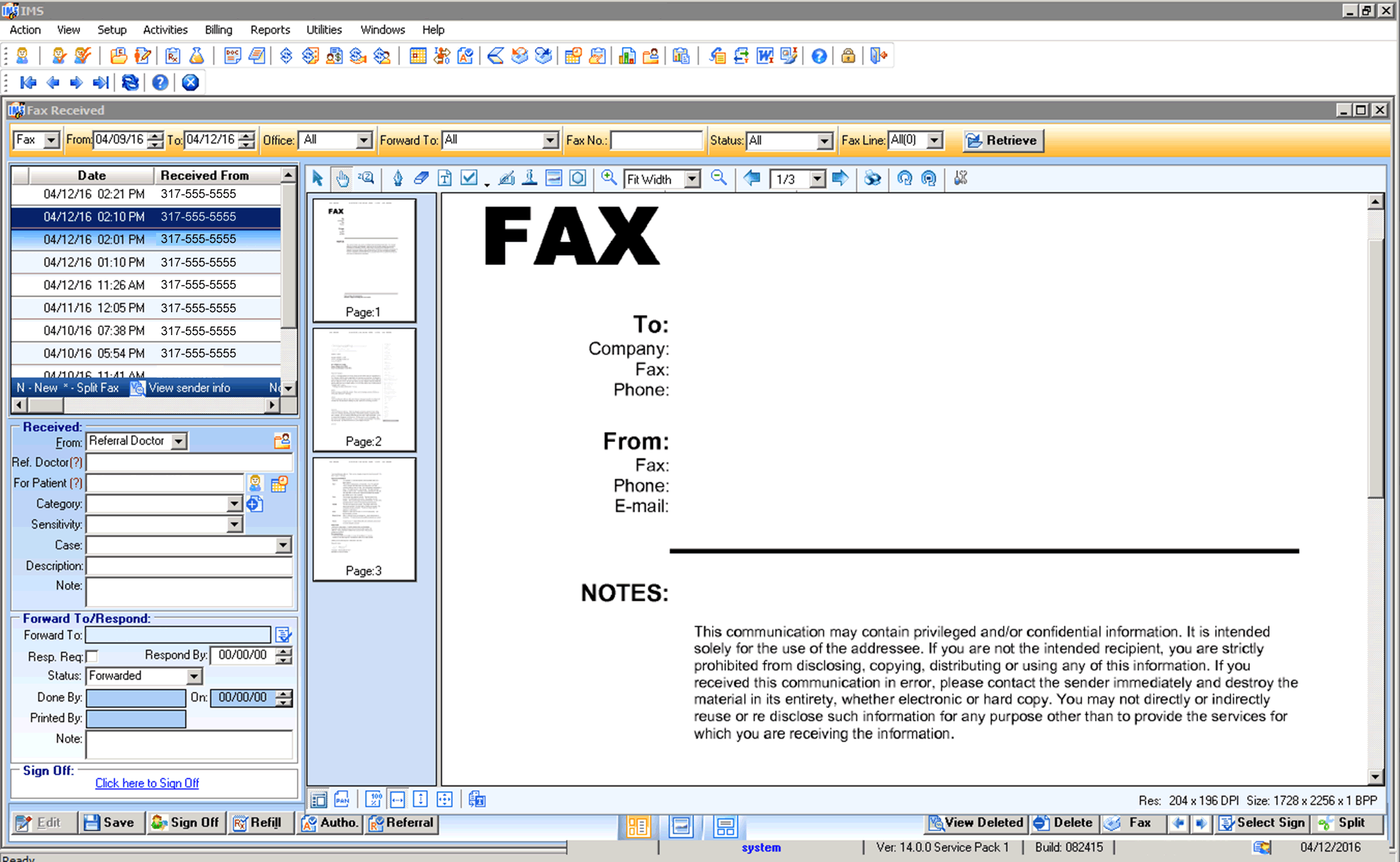 Fax Management Screen